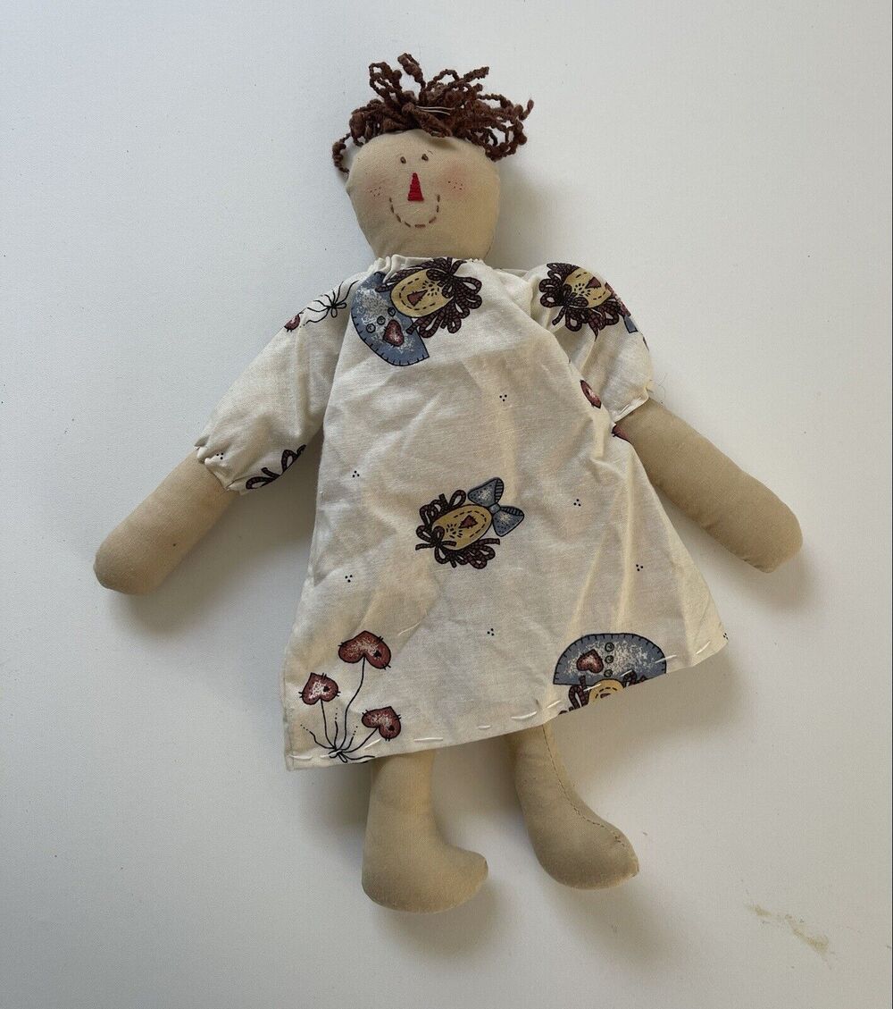 Vintage Handmade Primitive Style Cloth Rag Doll Folk Art Inscribed 12”